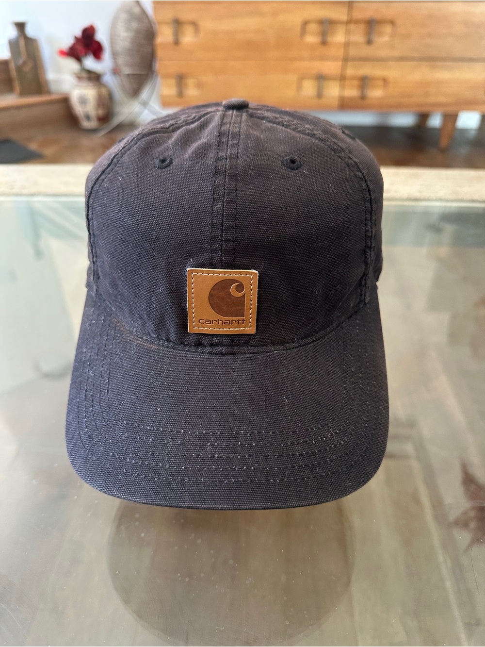 Carhartt Black Canvas Cap with Brown Leather Patch